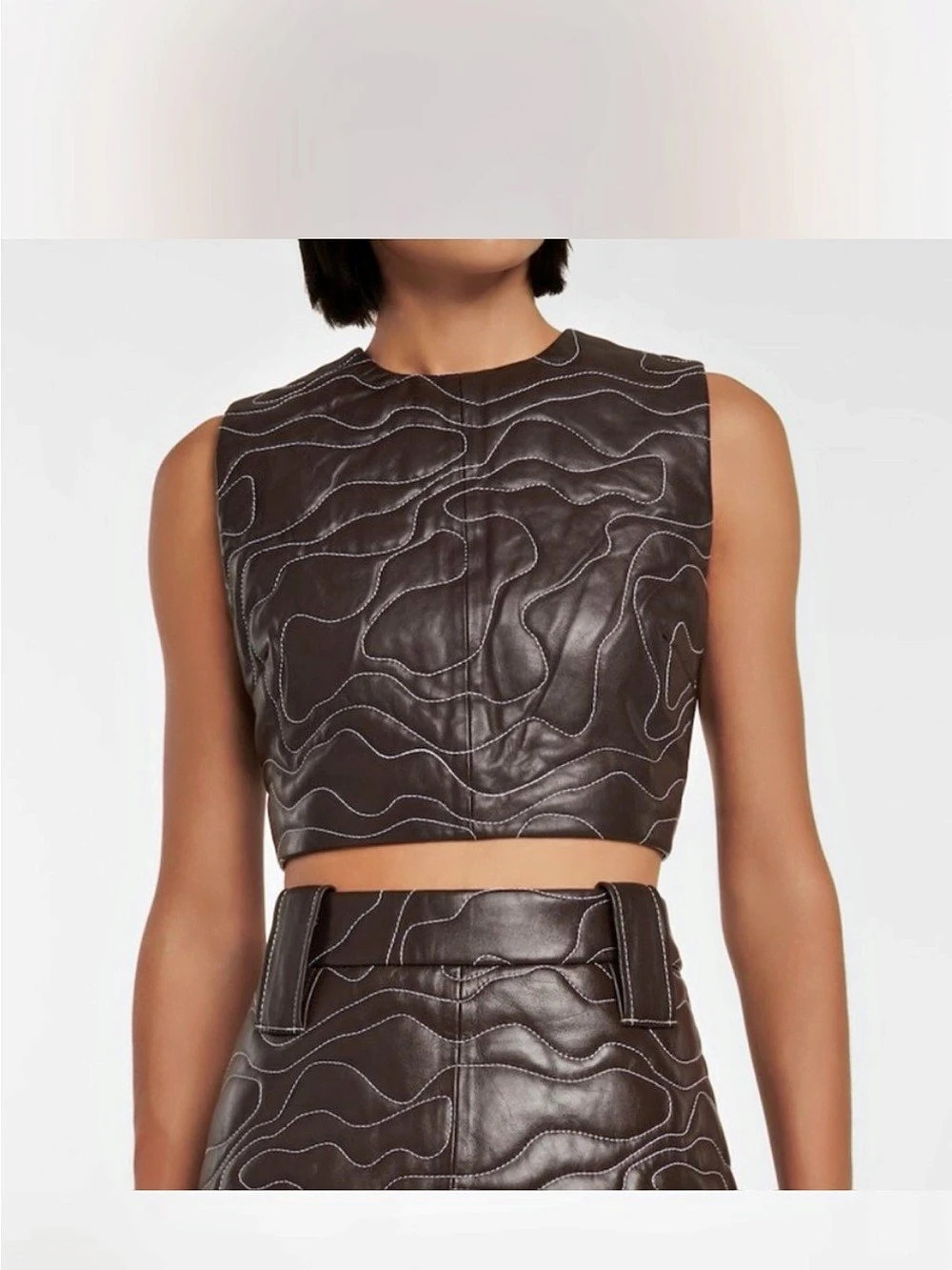 GANNI Lamb Leather Wavy Crop Top Brown & White